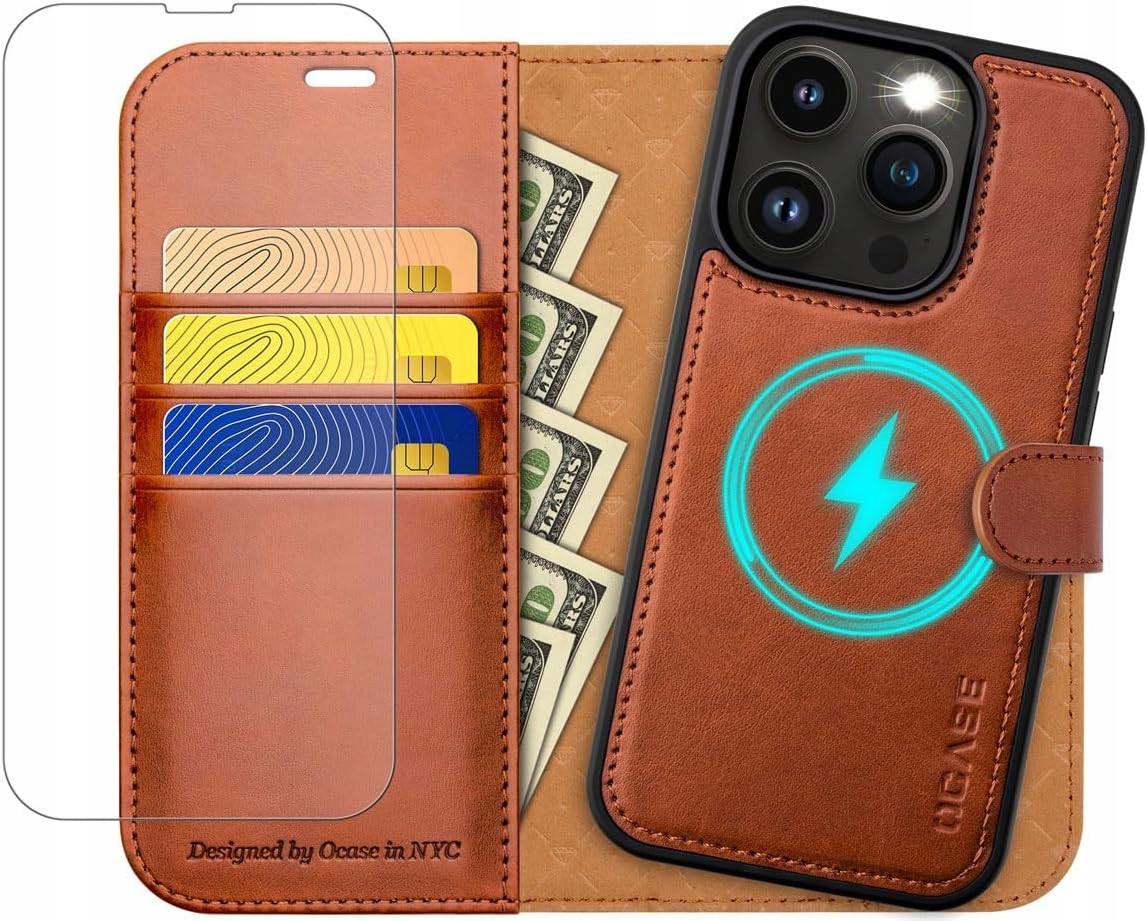 Ocase pouzdro kožené pro iPhone 14 Pro Max stojan 2v1 magsafe hnědé sklo