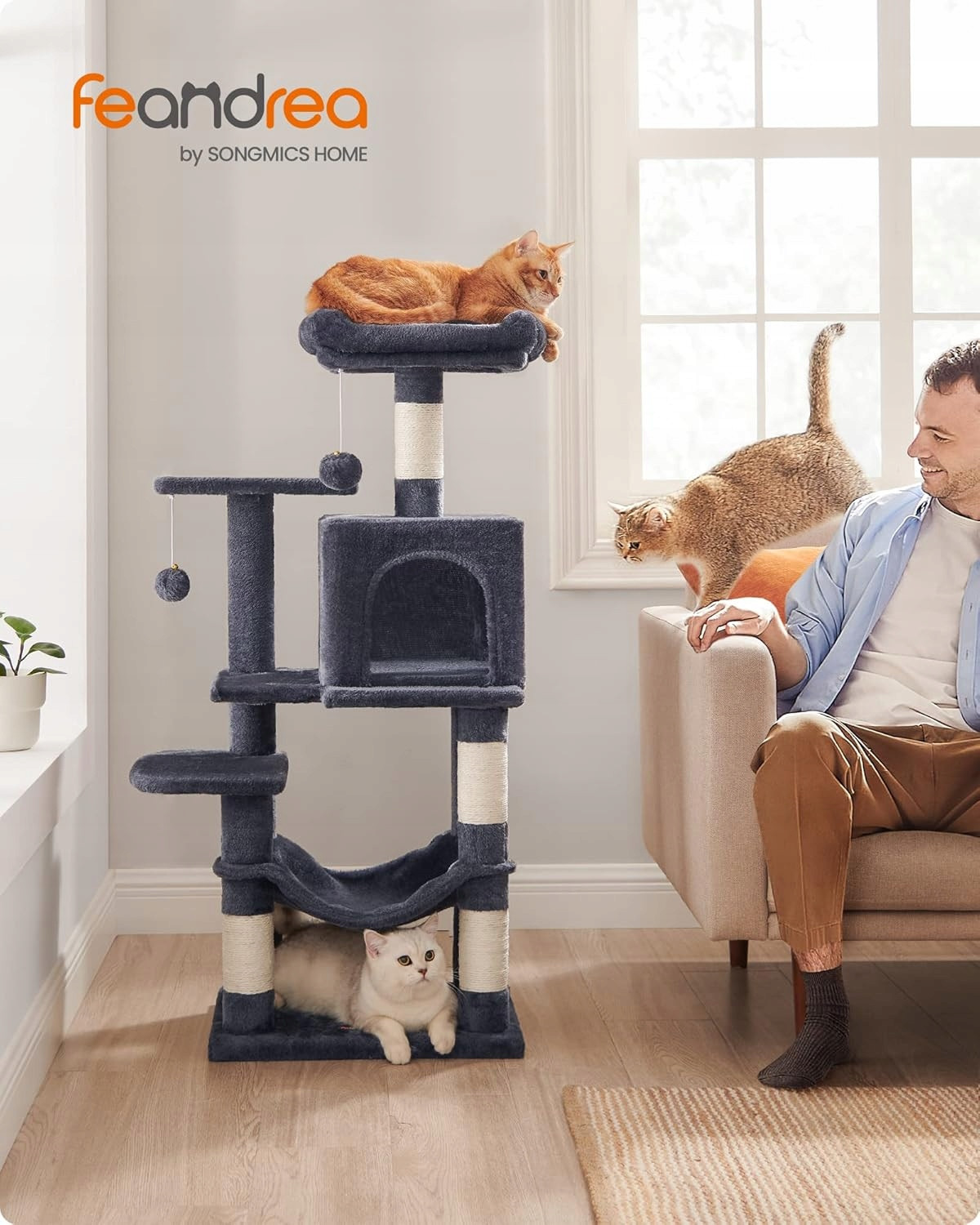 Škrabadlo Víceúrovňový domeček pro kočky se 4 škrabadly, 2 plošinami, houpací síť 112 cm