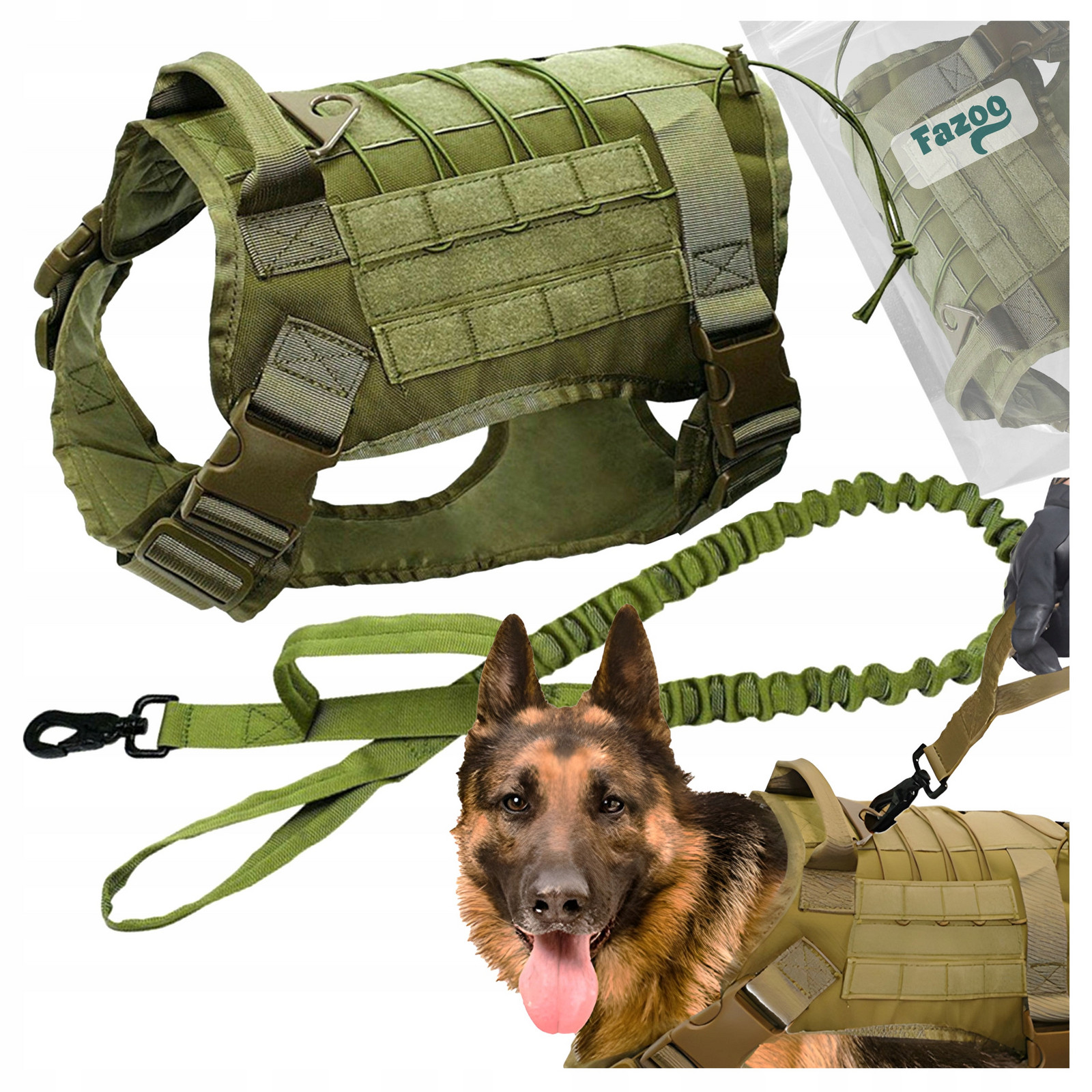 Postroj Pro Psa Guard s vodítkem Silné Taktické Vojenské Vodítko 150cm Zelené