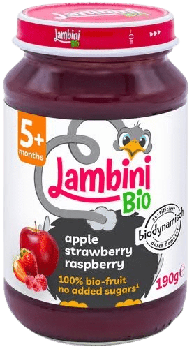 LAMBINI BIO Demeter příkrm jablko, jahoda a malina 190 g