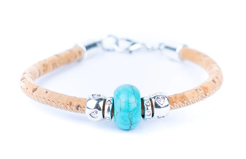 Korkový náramek s korálkem - Modrý