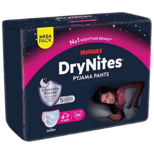 DryNites natahovací kalhotky na noc pro dívky MEGA pack 4-7 let / 17-30kg / 26ks