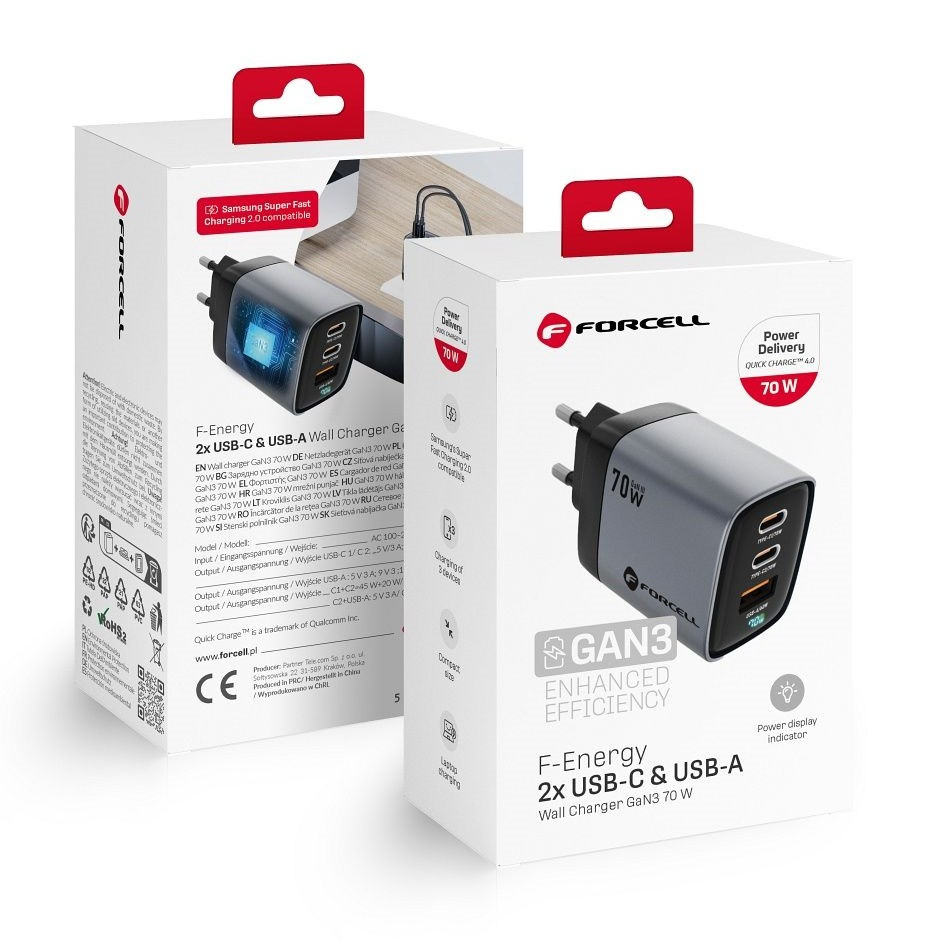 Adaptér Forcell GaN3 s funkcí rychlonabíjení 70W šedý 137442