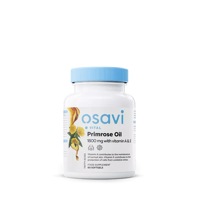 Osavi Primrose Oil with vitamin A & E, Pupalkový olej s vitamíny A & E, 1800 mg, 60 rostlinných kapslí