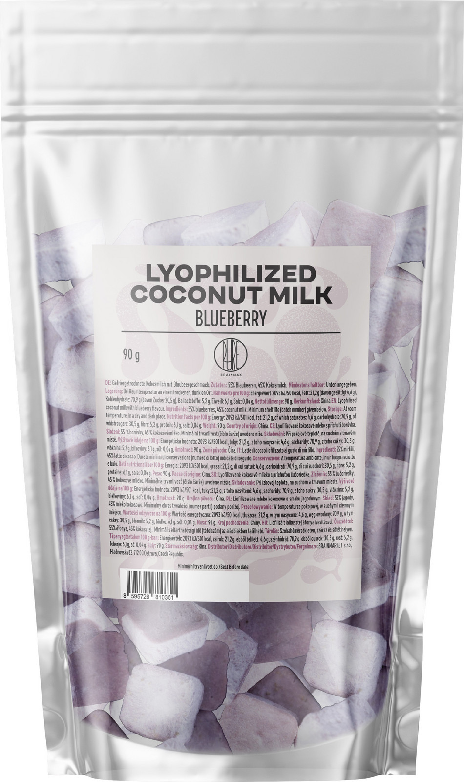 BrainMax Pure Lyophilized Coconut Milk Blueberry, Lyofilizované kokosové mléko, borůvka, 90 g