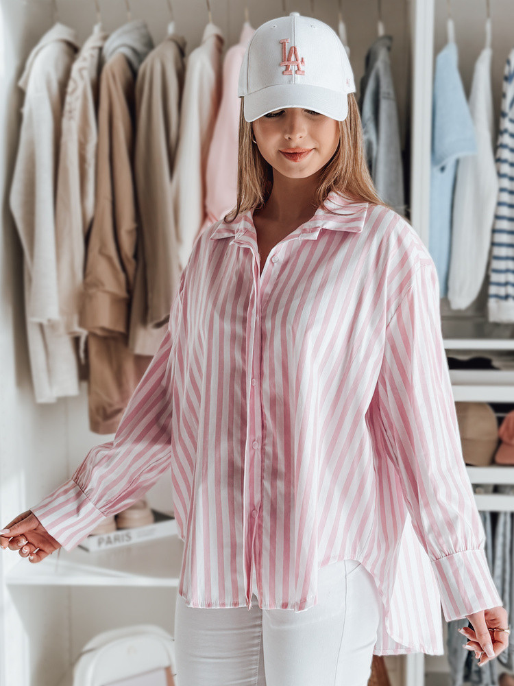 Koszula damska oversize z dłuższym tyłem SAMONE w różowo-białe paski Dstreet