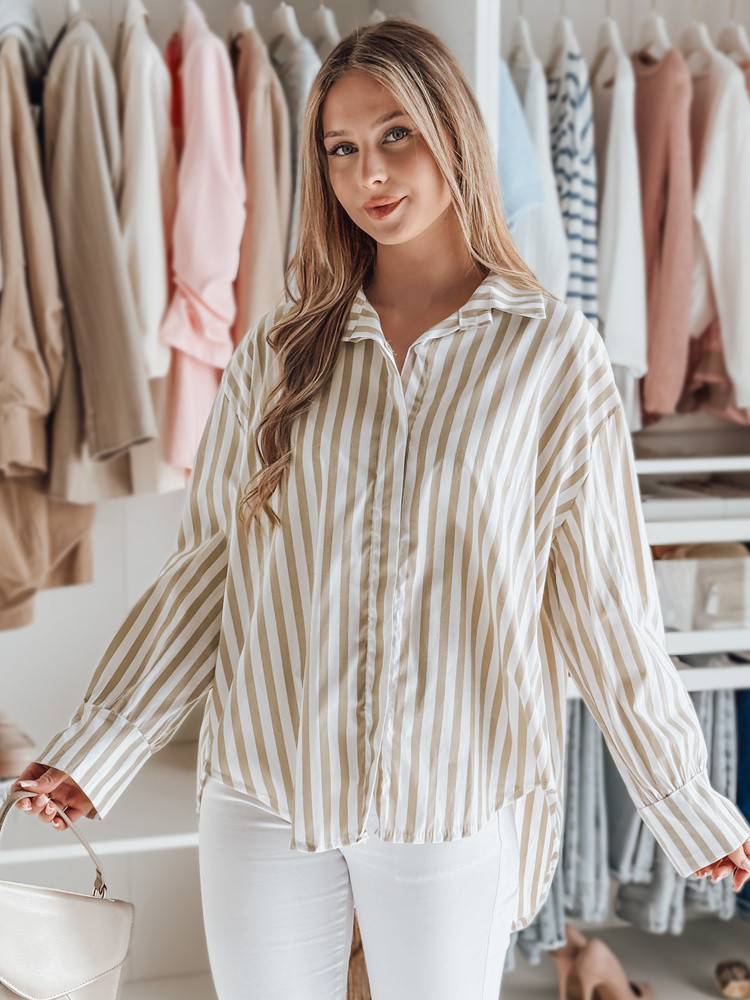 Koszula damska oversize z dłuższym tyłem SAMONE w beżowo-białe paski Dstreet