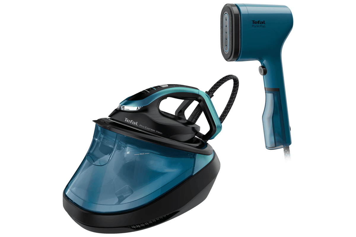 Akční set na žehlení Tefal Pro Express Vision parní generátor a Pure POP napařovač oděvů