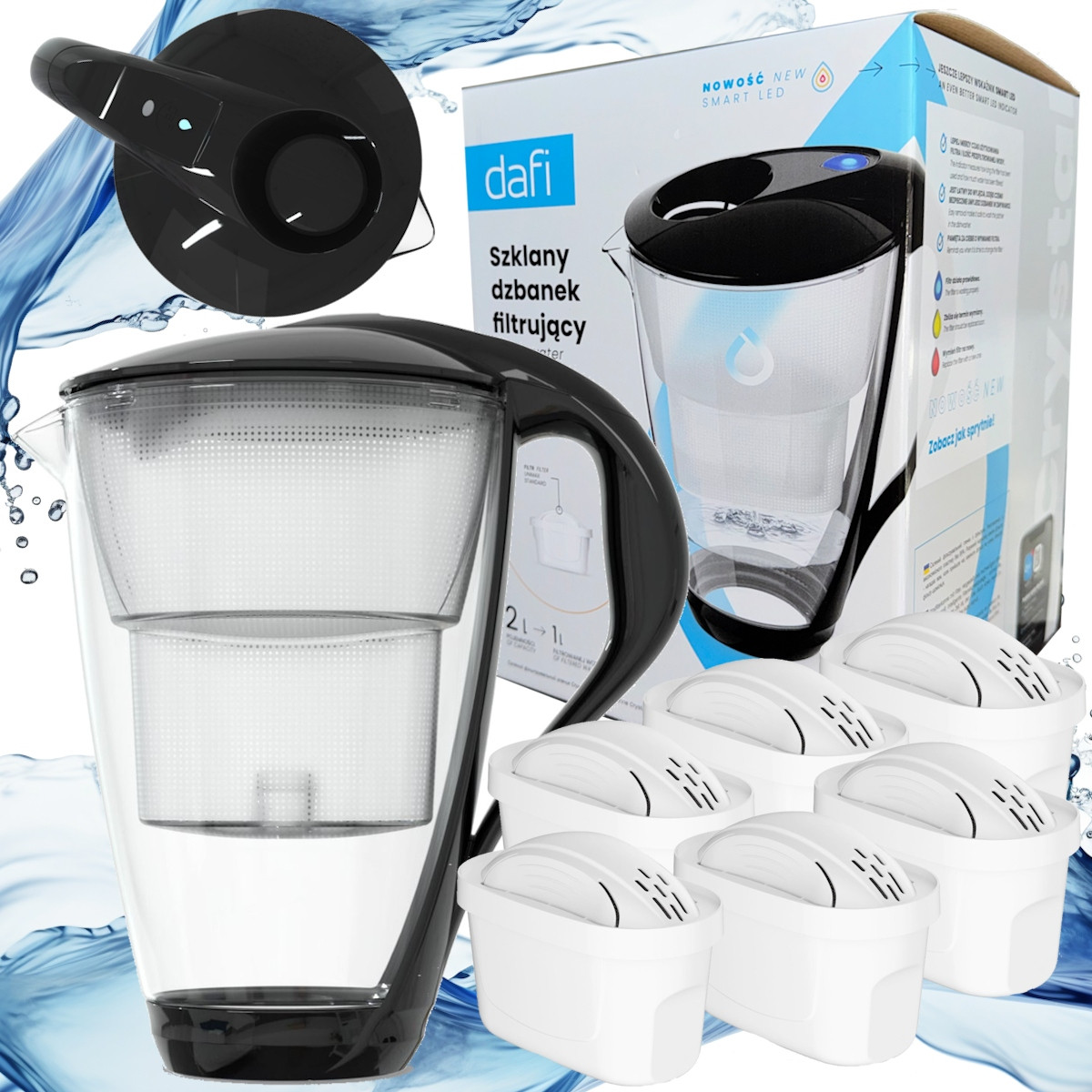 Skleněná filtrační konvice Dafi Crystal černá 6 filtrů náplní Unimax