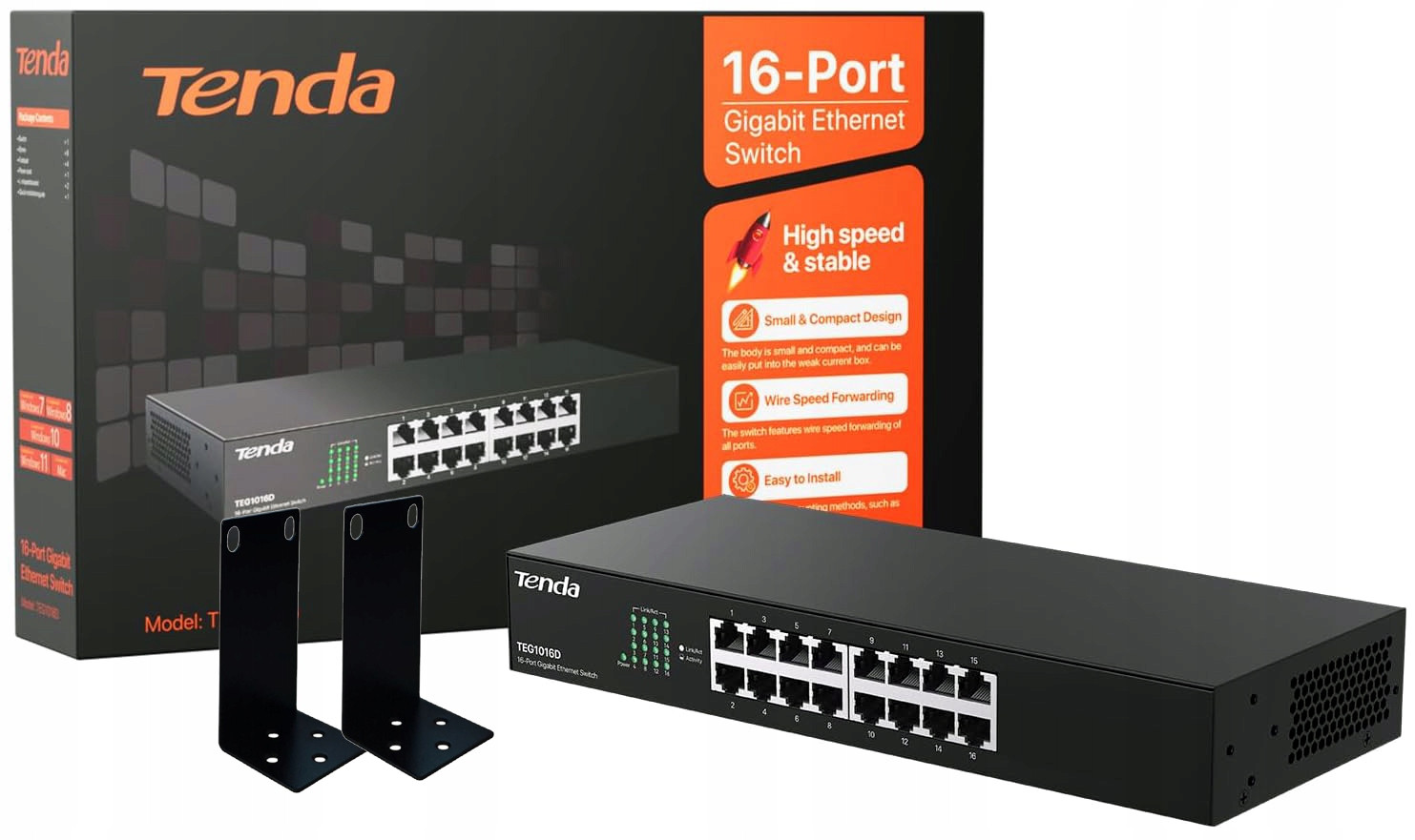 Switch Tenda TEG1016D 16-PORT Gigabit 16X 1000 Mb/s Držák Do Rackové Skříně