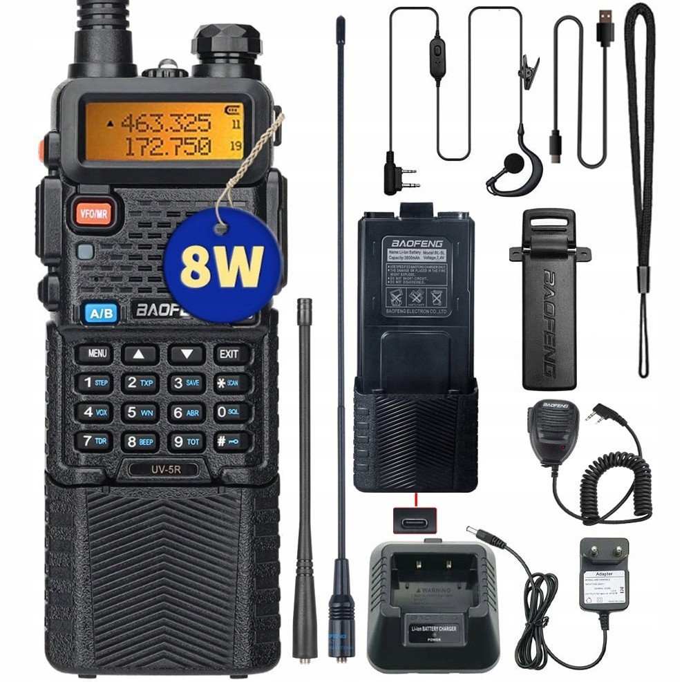 Baofeng UV-5R 8W 3800mAh Vysílačka Radiotelefon Walkie Talkie Skener