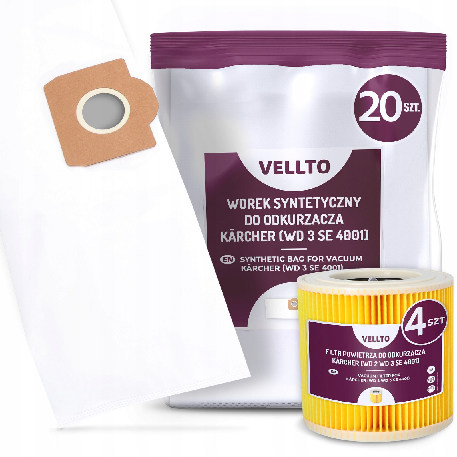 20x Sáček do Vysavače Karcher WD3 SE4001 MV3 WD2 Plus V17 V12 4x Filtr