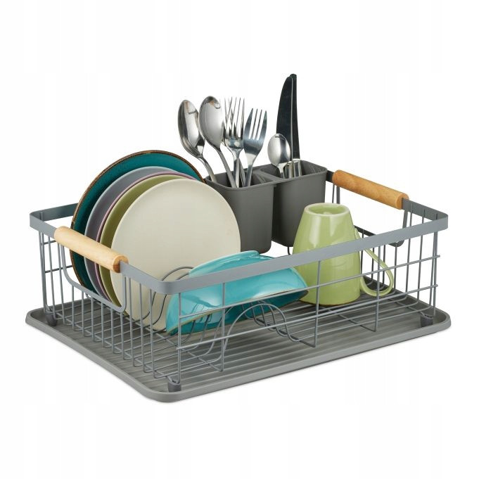 Relxdays Odkapávač na nádobí odkapávač na příbory talíře šedá s rukojetí košík