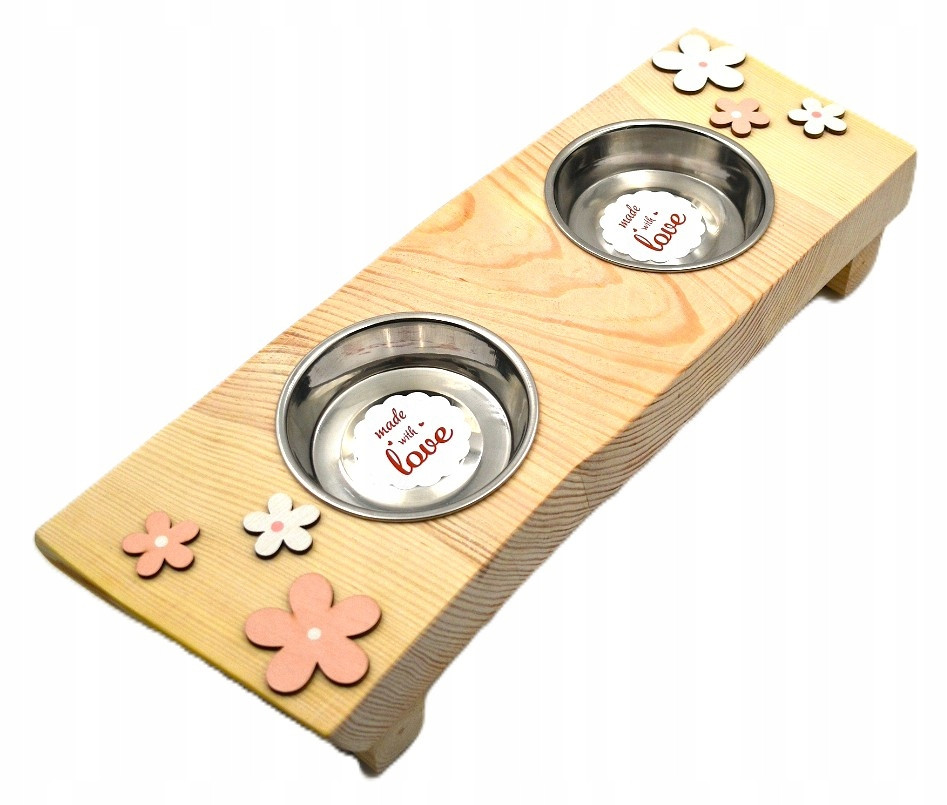 Dřevěný stojan na misky pro kočky nebo malého psa 2 x 140 ml. Ručně vyrobeno