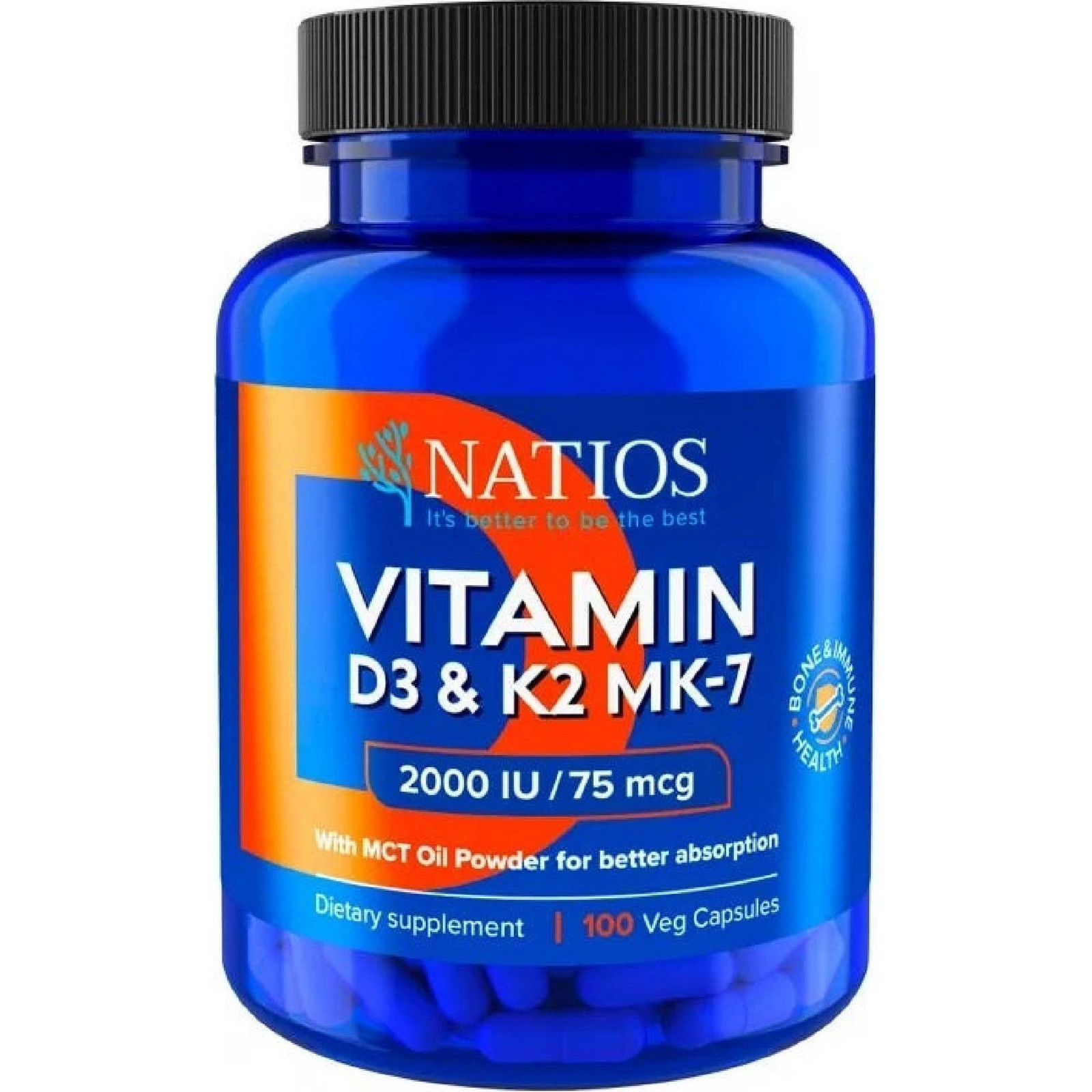 NATIOS Vitamin D3 & K2 (MenaQ7 MK-7), 2000 IU & 75 mcg 100 kapslí