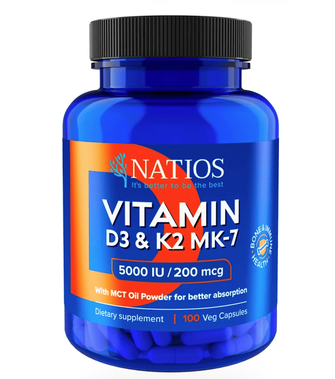 NATIOS Vitamin D3 & K2 (MenaQ7 MK-7), 5000 IU & 200 mcg 100 kapslí
