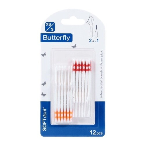 SOFTdent Butterfly mezizubní kartáček + párátko 2v1 XS/S 12ks