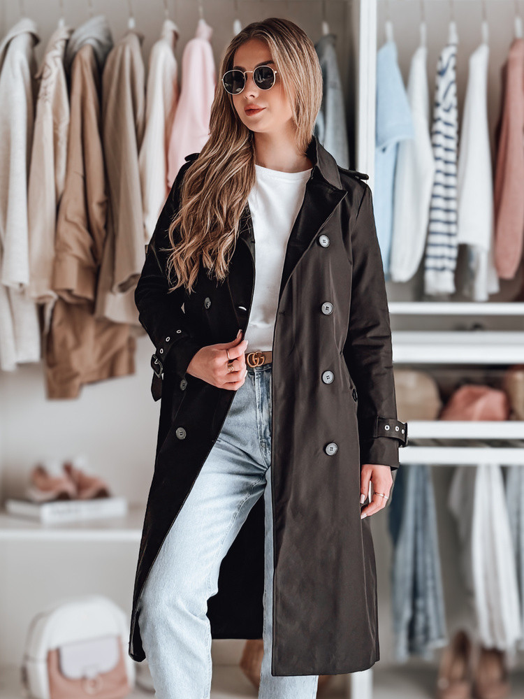 Płaszcz damski długi z paskiem SLIMFOTA czarny Dstreet