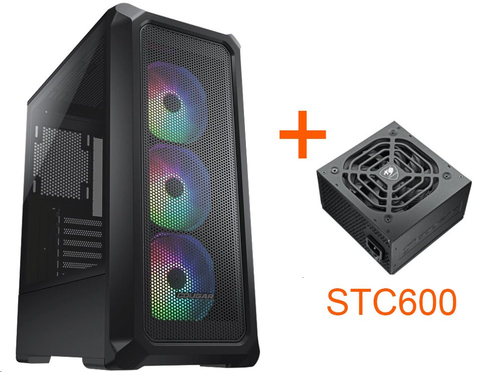 COUGAR PC skříň ARCHON 2 Mesh RGB Black Mid Tower Mesh Front Panel 3 x ARGB Fans 3mm TG Left Panel + COUGAR PSU STC600, CGR-5CC5B-MESH-RGB-STC600