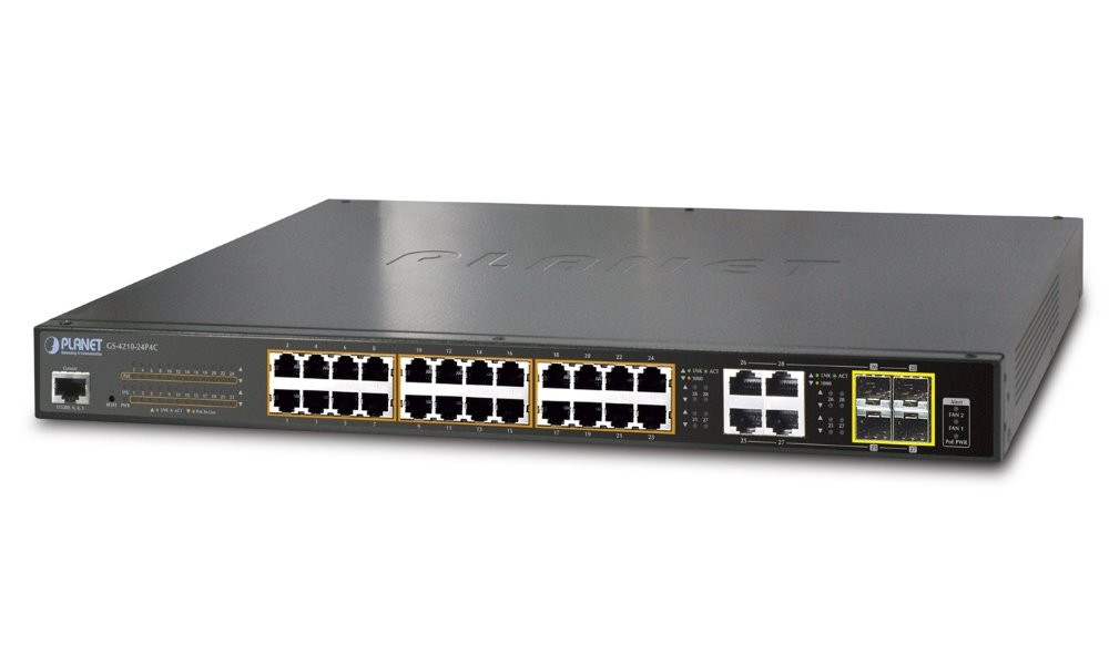 Planet GS-4210-24PL4C PoE switch L2/L4, 28x 1000Base-T, 4x SFP, Web/SNMPv3, ext 10Mb/s, 802.3at-440W, GS-4210-24PL4C