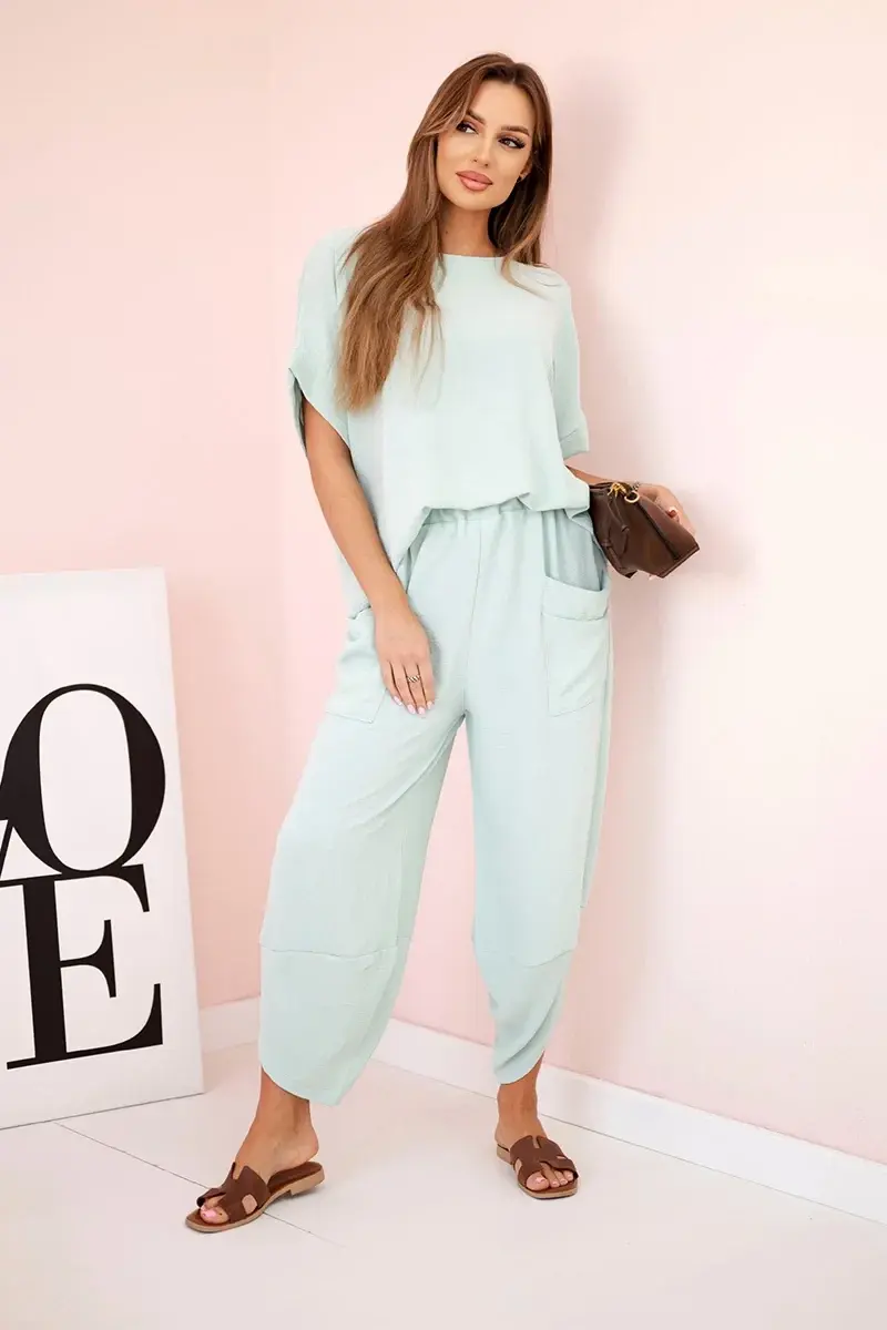 Kesi Włoski Komplet z viskózy halenka + kalhoty tmavá máta