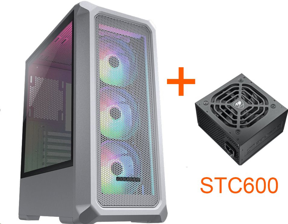 COUGAR PC skříň ARCHON 2 Mesh RGB White Mid Tower Mesh Front Panel 3 x ARGB Fans 3mm TG Left Panel + COUGAR PSU STC600, CGR-5CC5W-MESH-RGB-STC600