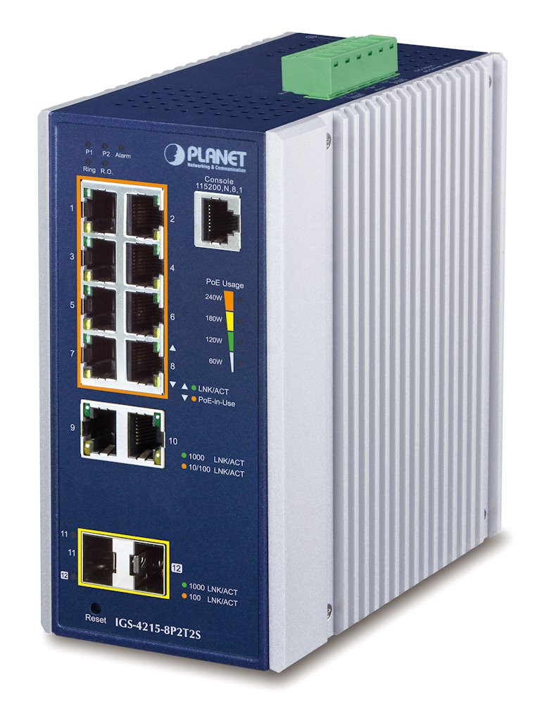 Planet IGS-4215-8P2T2S Gigabit PoE switch 10x TP (8x PoE)+ 2x SFP, 802.3at 240W,IP30, -40 až 75°C, SNMP, IGS-4215-8P2T2S