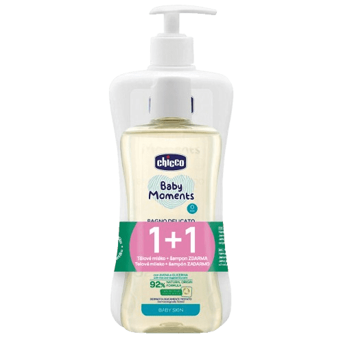 CHICCO Mléko tělové s dávkovačem Baby Moments 500 ml + Šampon Baby Moments 200 ml zdarma