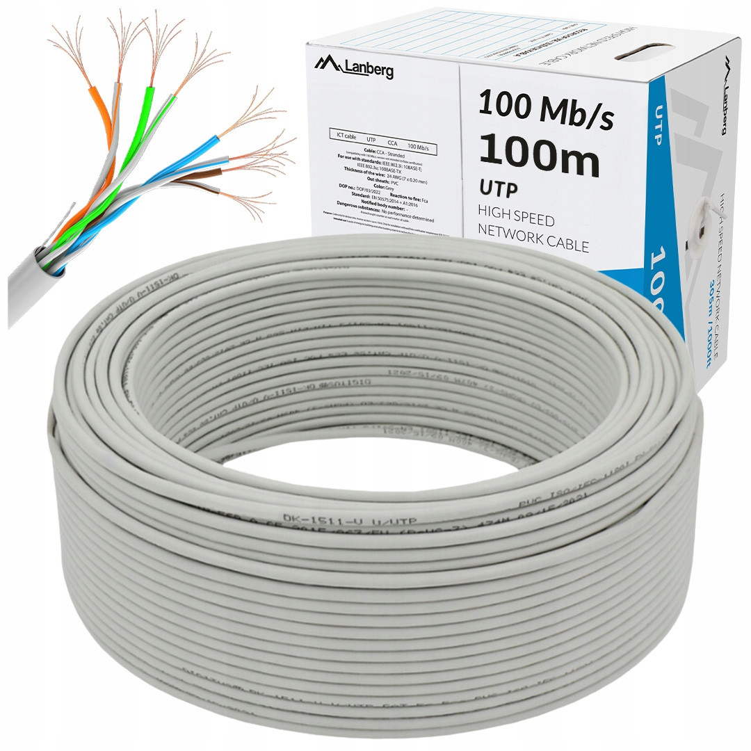 Kabel Síťový Lan Šroubovák RJ45 Utp 100Mb/s 100M Cca Šedý Lanberg