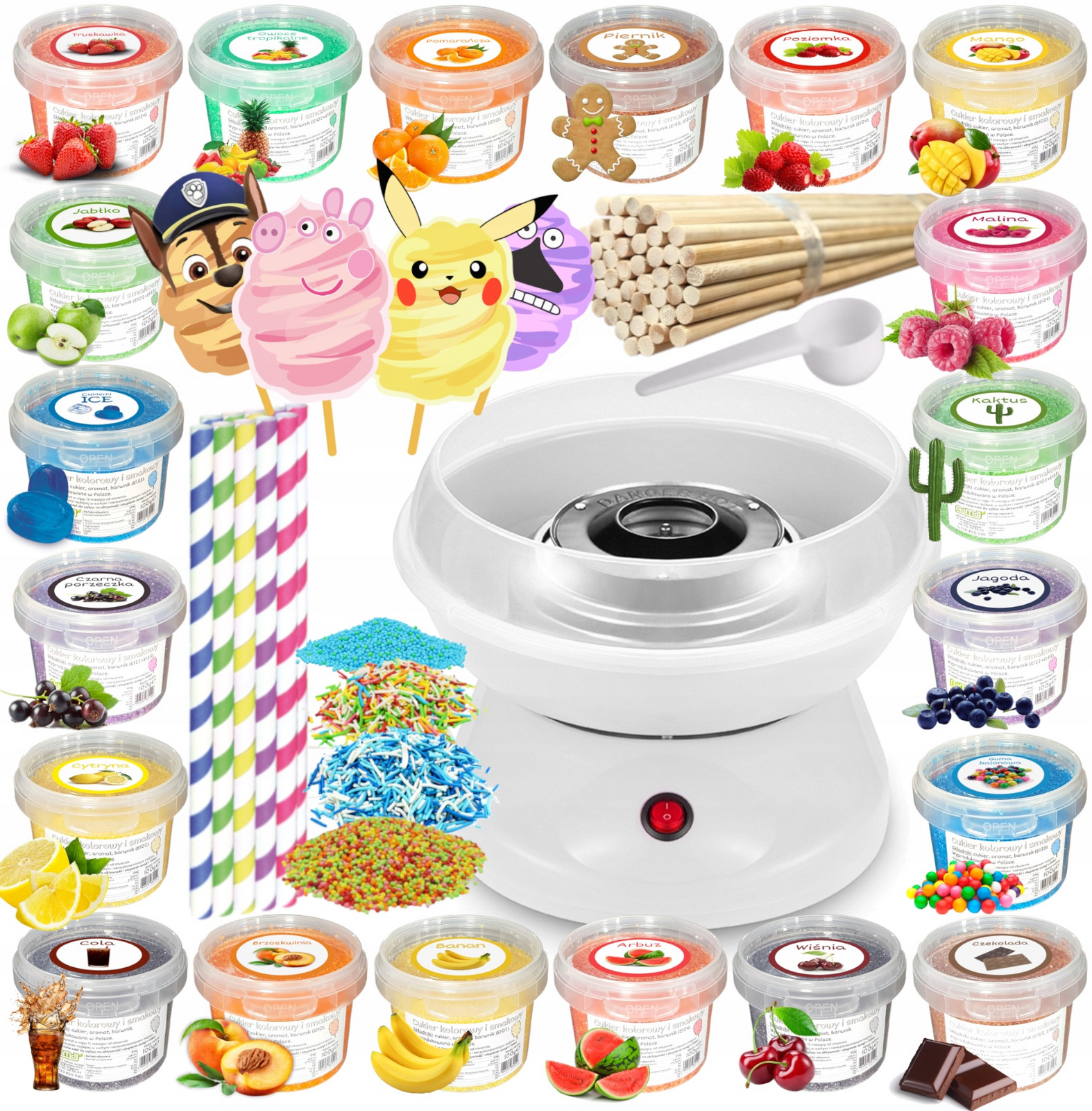 Sada Stroj na cukrovou vatu Cukr 20x 100g Kbelík tyčinky posypky