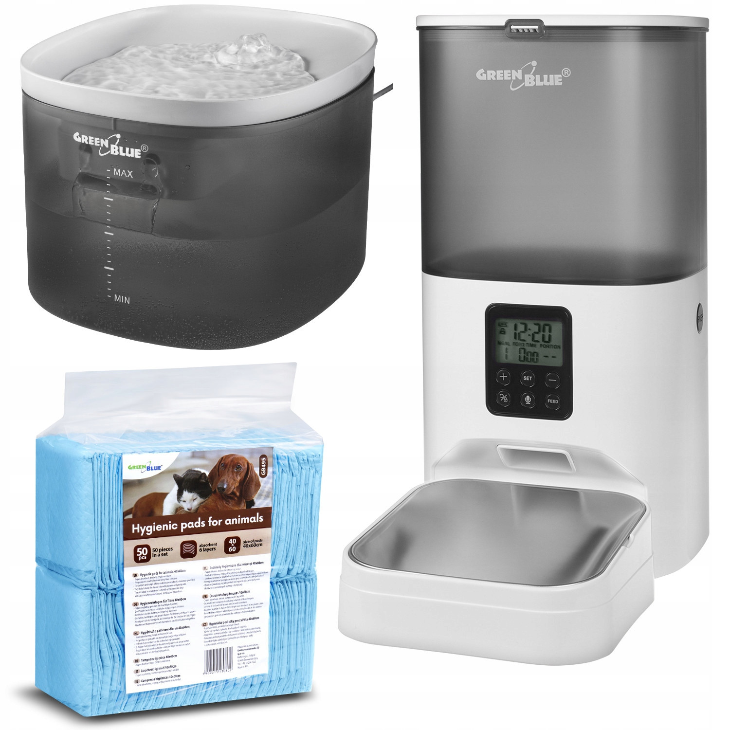 Sada napáječek, dávkovač krmiva, hygienické podložky pro kočky psa, automatické