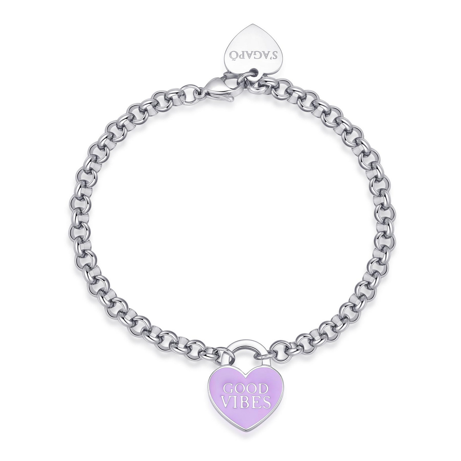 S'Agapõ Půvabný ocelový náramek se srdíčkem Good Vibes Be My Always SBM89