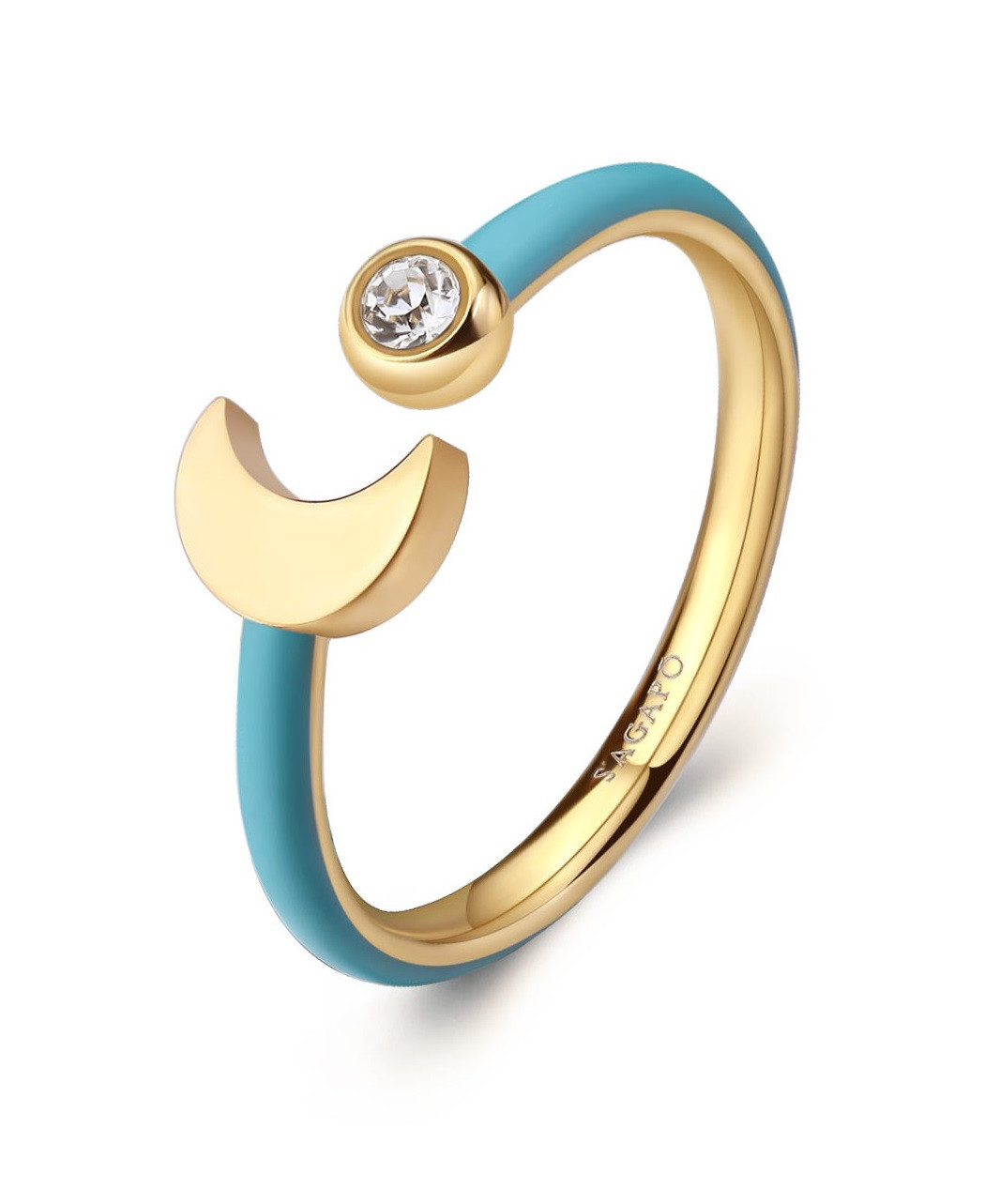 S'Agapõ Pozlacený prsten s tyrkysovým smaltem Měsíc Vibes SVB71