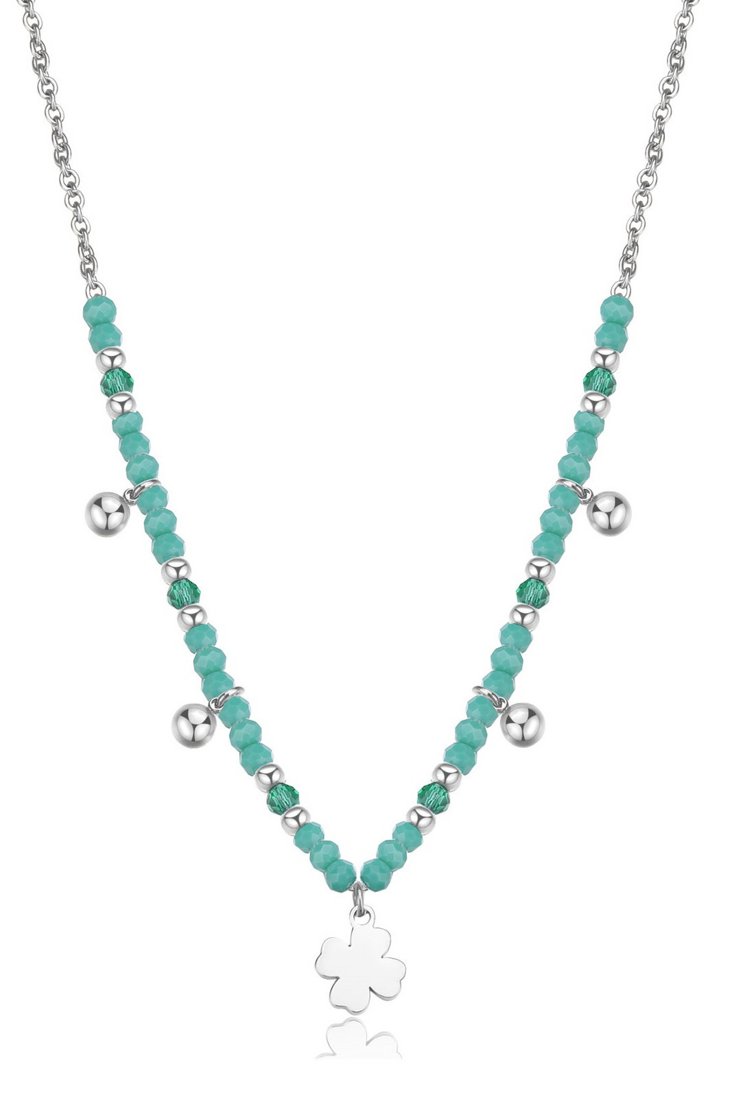 S'Agapõ Ocelový korálkový náhrdelník s přívěsky Čtyřlístek Glint SGI03