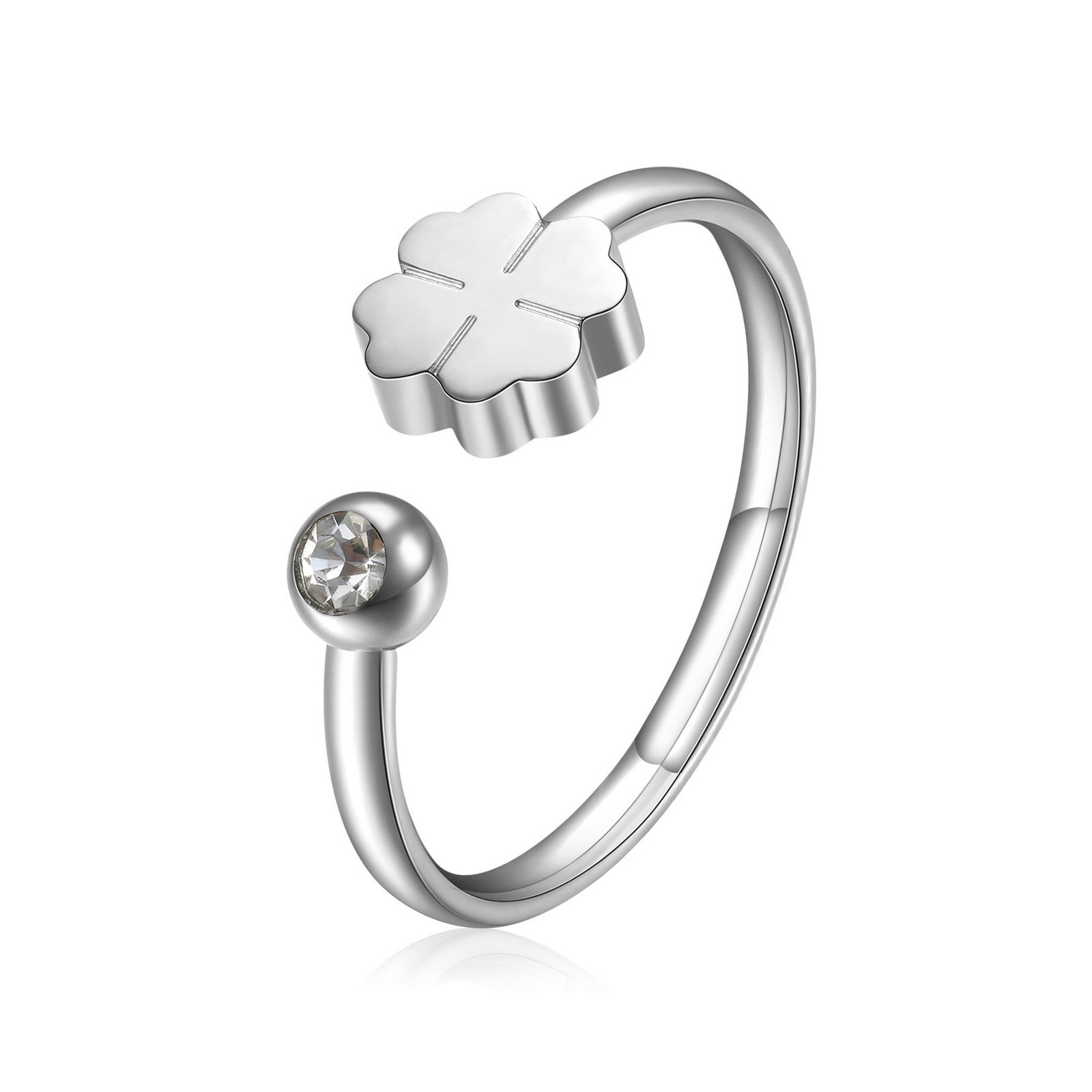 S'Agapõ Blyštivý ocelový prsten Čtyřlístek s krystalem Click SCK87