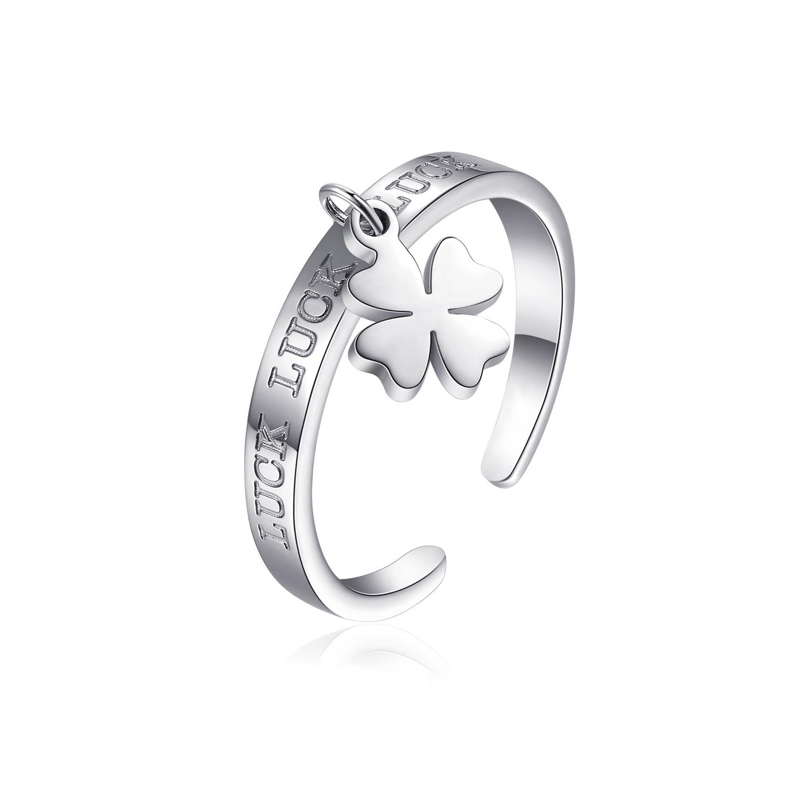 S'Agapõ Otevřený prsten z oceli s přívěskem Čtyřlístek Click SCK150