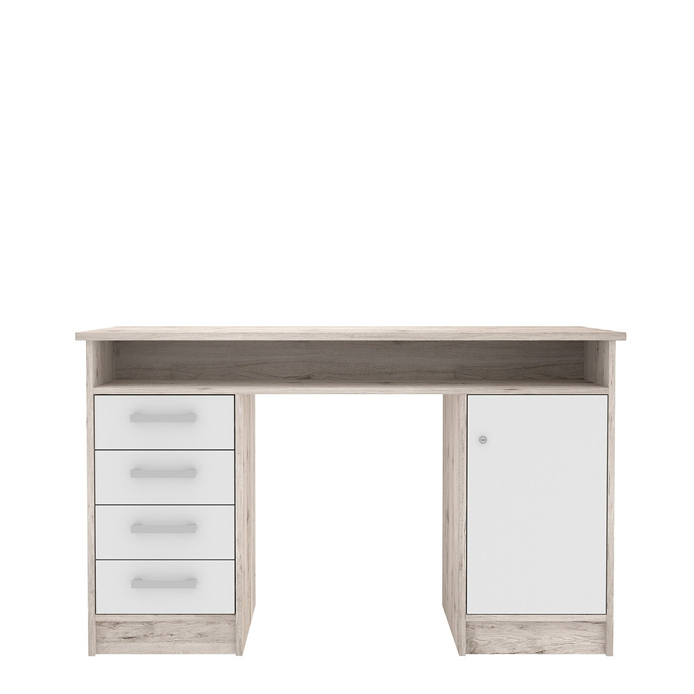 Psací uzamykatelný stůl TEINN se čtyřmi šuplíky a dvířky, dub pískový/bílá, 5 let záruka