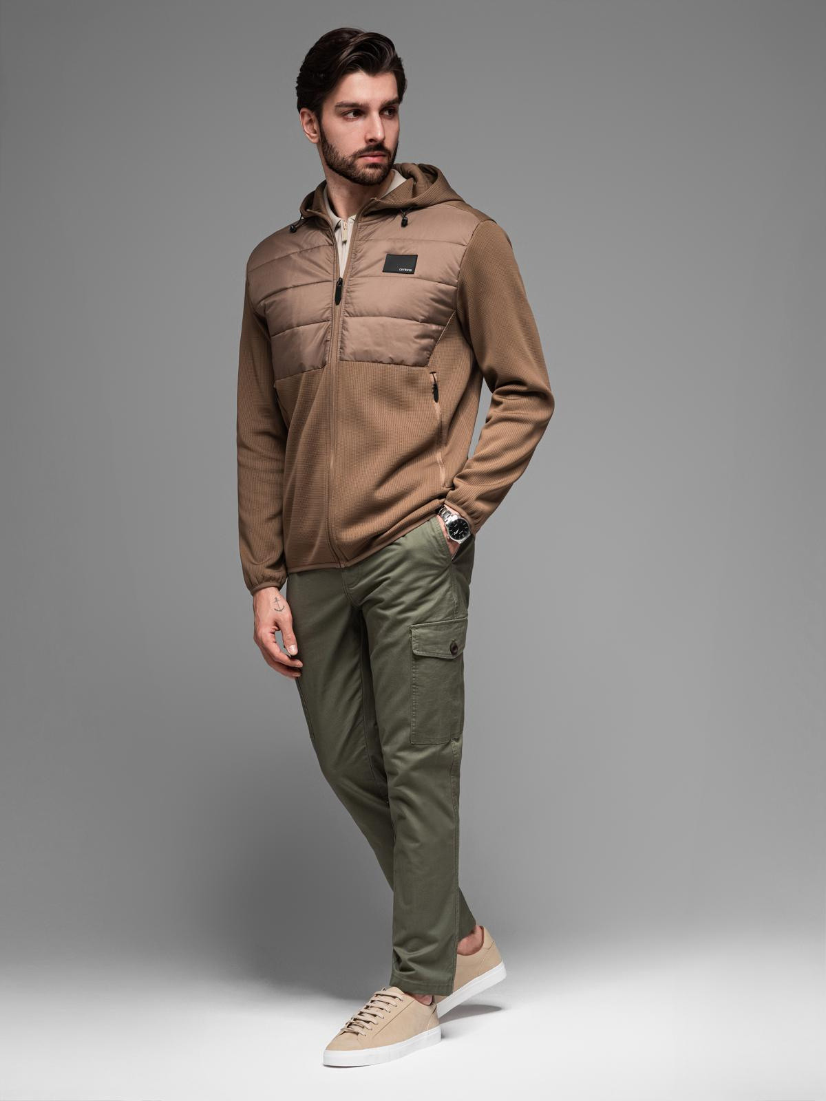 Ombre Men's lightweight jacket of combined materials with hood and decorative quilting - light brown