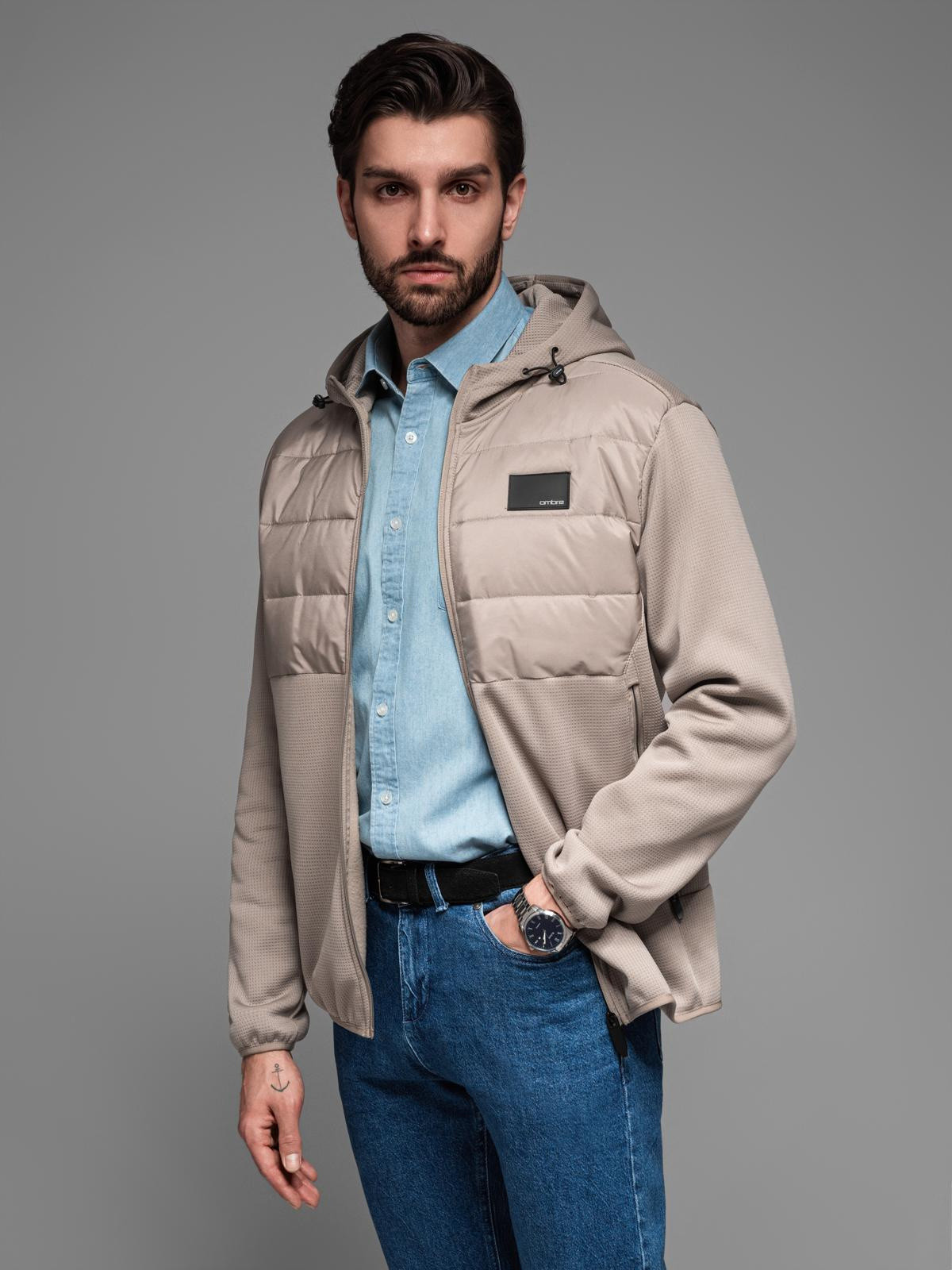 Ombre Men's lightweight jacket of combined materials with hood and decorative quilting - ash