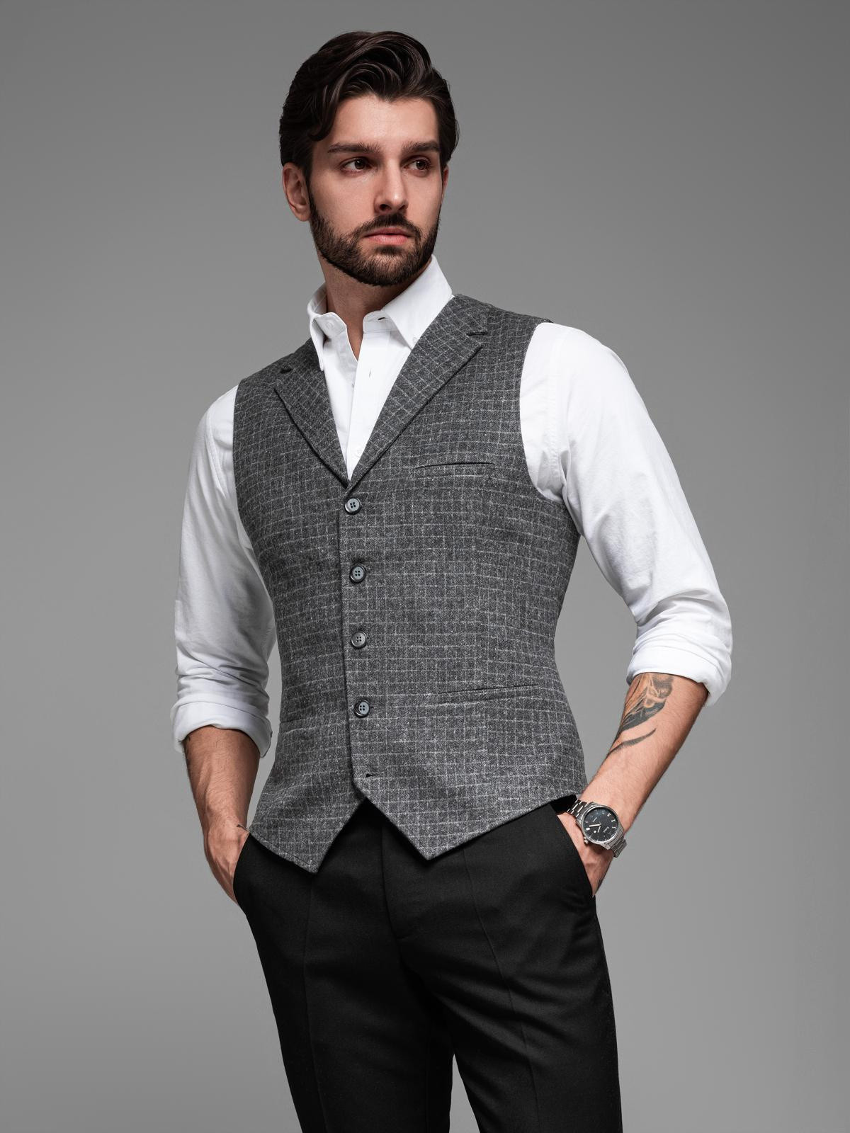 Ombre Elegant men's checkered vest with lapels - black