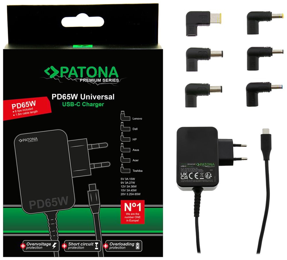 PATONA napájecí adaptér k ntb/ 18,5-20V 65W/ 6 konektorů/ UNI/ USB-C/ Power delivery, PT2649