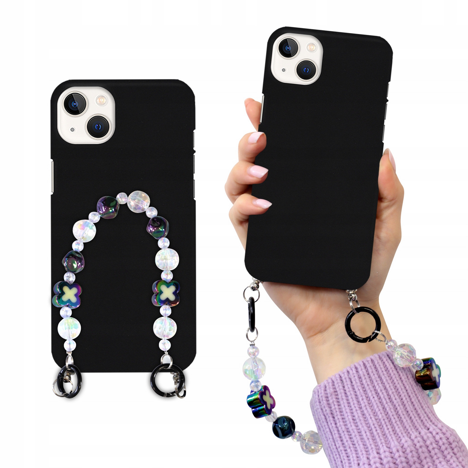 Pouzdro Kryt Pro Iphone 15 Plus Matná Černá Přívěsek Korálky Holo