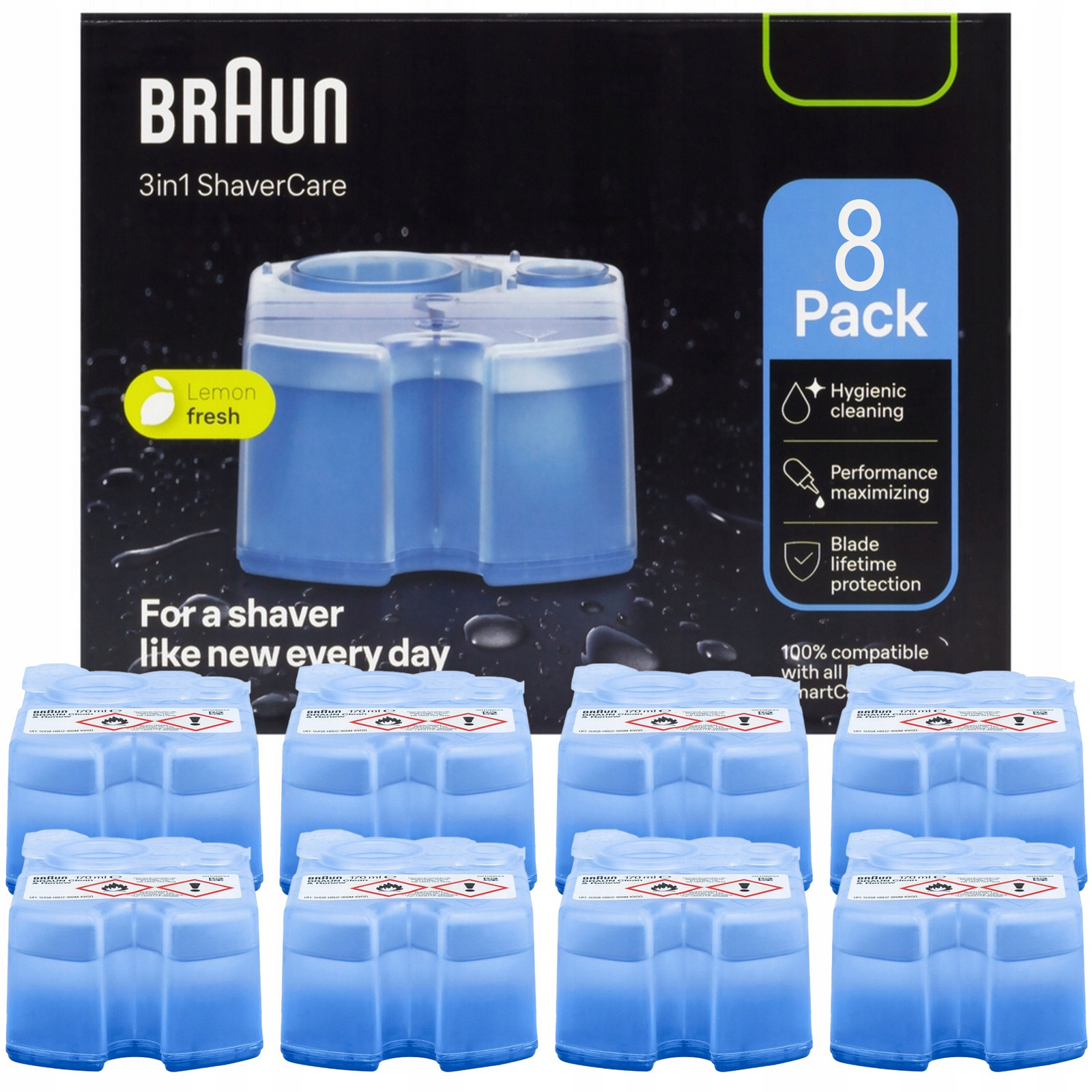 8 x Náhradní náplň pro holicí strojky Braun Ccr Clean & Renew Lemon 170 ml