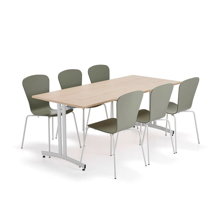 Sestava nábytku SANNA + MILLA, 1 stůl, 6 židlí, bílá/olivově zelená