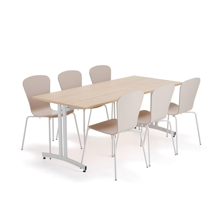 Sestava nábytku SANNA + MILLA, 1 stůl, 6 židlí, bílá/písková