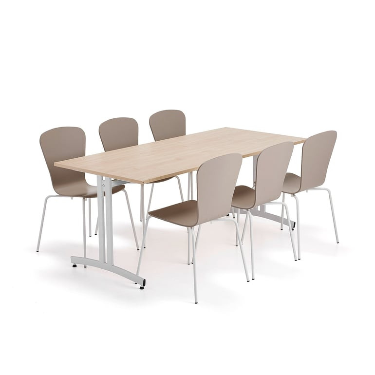 Sestava nábytku SANNA + MILLA, 1 stůl, 6 židlí, bílá/jílově šedá