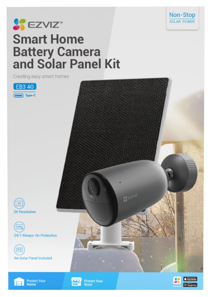 EZVIZ IP kamera EB3 4G kit/ bullet/ 4G/LTE/ 3Mpix/ krytí IP65/ objektiv 2,8 mm/ H.265/ IR až 15m/ šedá + solární panel C