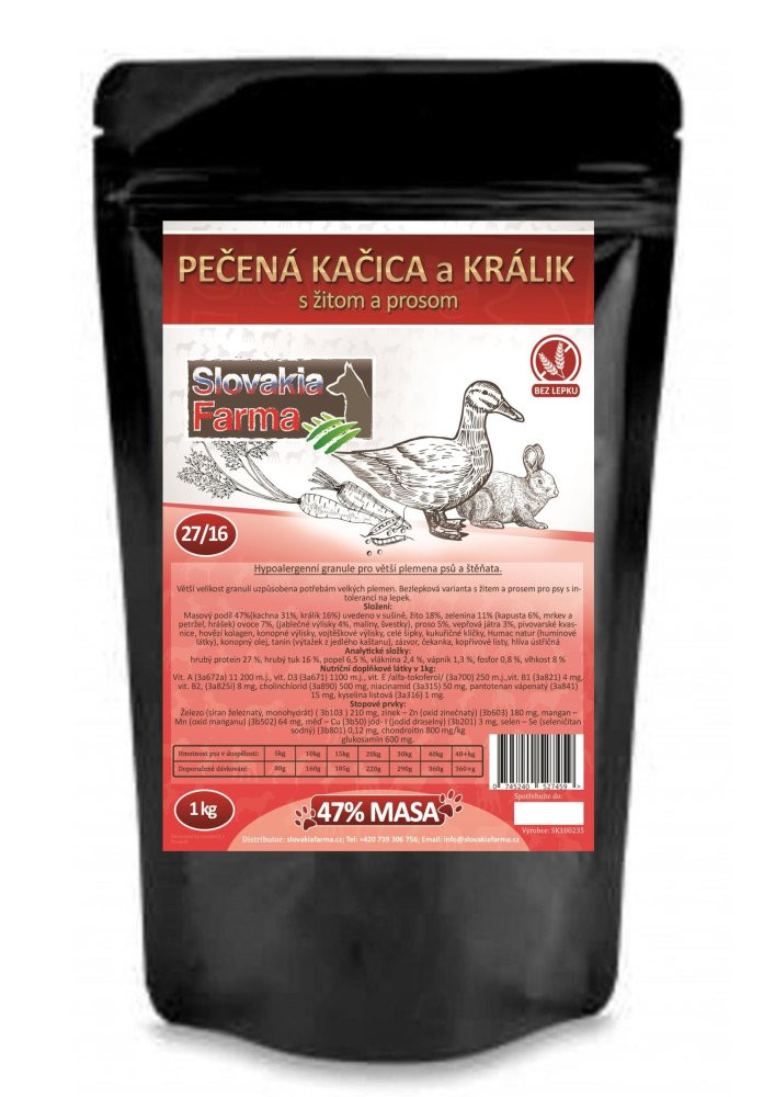 Hypoalergenní Granule Slovakia Farma - Pečená kačica a králik s žitom a prosom 27/16 - 1kg