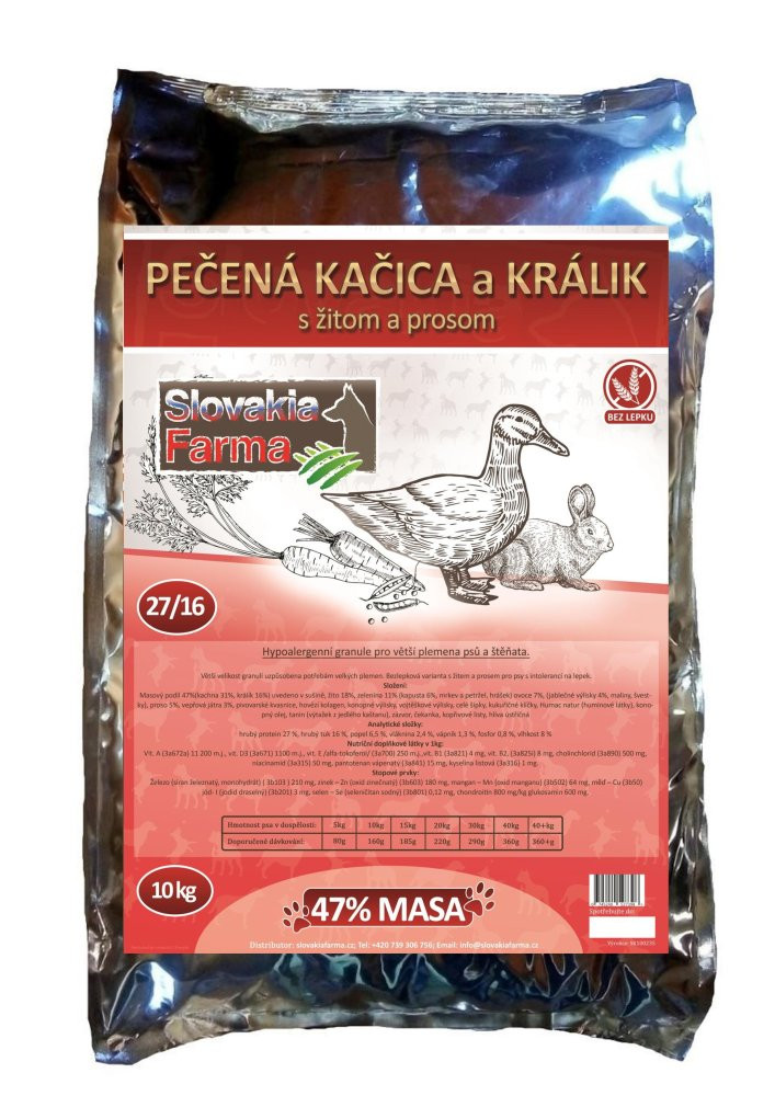 Hypoalergenní Granule Slovakia Farma - Pečená kačica a králik s žitom a prosom 27/16 - 10 kg