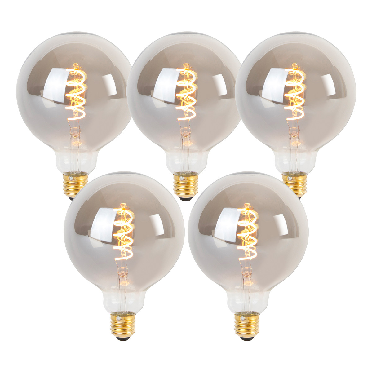 Sada 5 stmívatelných LED žárovek E27 se zkrouceným filamentem G125 kouřové 4W 120lm 1800K